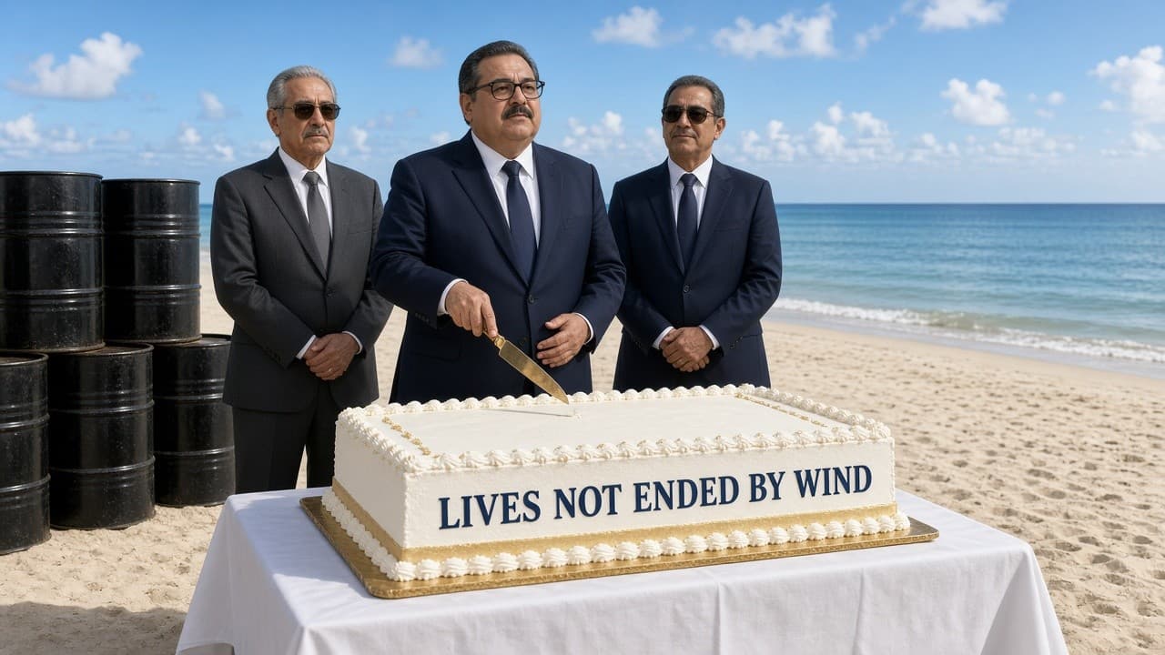 OPEC officials in suits cut a cake on a beach beside stacked oil barrels. The cake reads Lives Not Ended By Wind.